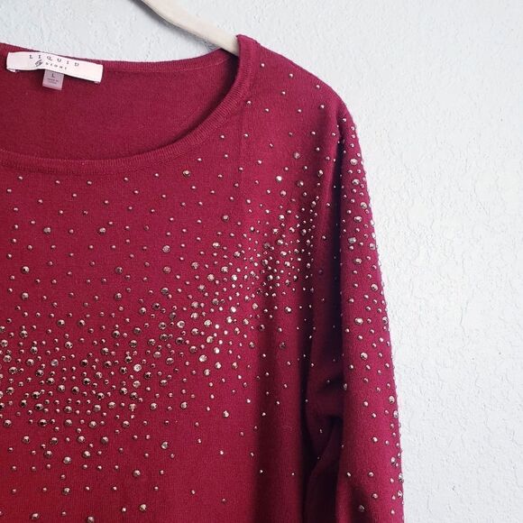 Liquid by Sioni Burgundy Wine Embellished Rhinestone Sweater - Picture 2 of 7